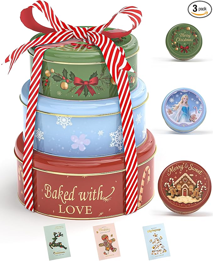 Christmas Cookie Tins with Lids, Set of 3 Larger Holiday Containers for Homemade Cookies, Gifts, Treats, Reusable Round Metal Storage Boxes with 3 Premium Greeting Cards & 16.5ft Ribbon