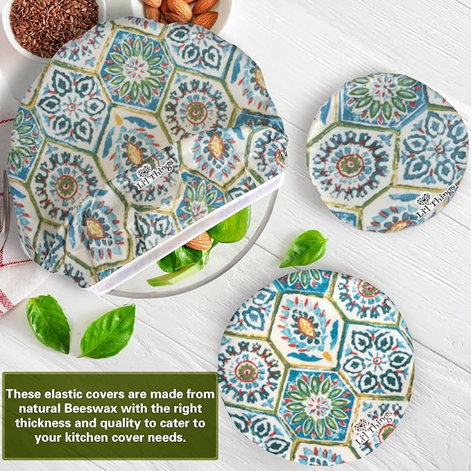 Li’l Things Beeswax Bowl Covers – Set of 5 (XS–XL) | [Pattern Name] | New Formula with Enhanced Beeswax Blend | Reusable, Eco-Friendly, Compostable Wraps for Food Storage, Bowls & Jars - Suzani
