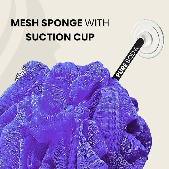 Large Purple Bath Sponge Pack of 3 – Gentle Exfoliation Loofahs with Suction Cup for Easy Drying, Soft 70G Mesh Poufs for All Skin Types, Lather for Daily Use