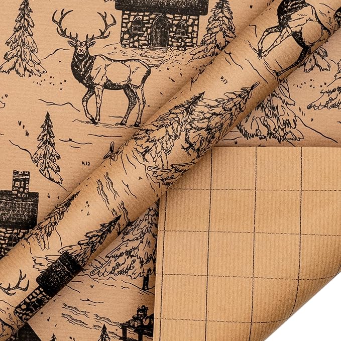 RUSPEPA Christmas Wrapping Paper - Black Sketch Design - 4 Rolls - 30 Inches x 10 Feet Per Roll