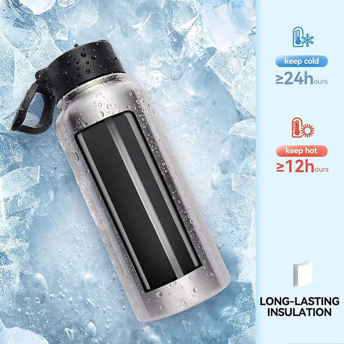 Neihepal 32 oz Insulated Water Bottles with 2 Lids (Straw & Spout Lid), 18/8 Stainless Steel Double Wall Water Bottle for Gym, Travel, Camping, Sports (Silver,2 Pack)