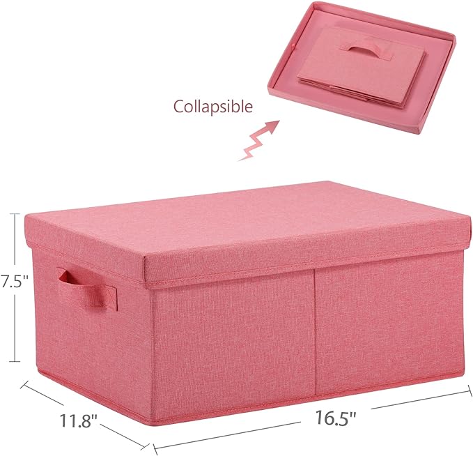 HOONEX Linen Foldable Storage Bins with Lids, 2 Pack, Storage Boxes with Carrying Handles and Sturdy Heavy Cardboard, 16.5" L x 11.8" W x 7.5" H for Shoes, Books, Clothes, Nursery, Pink