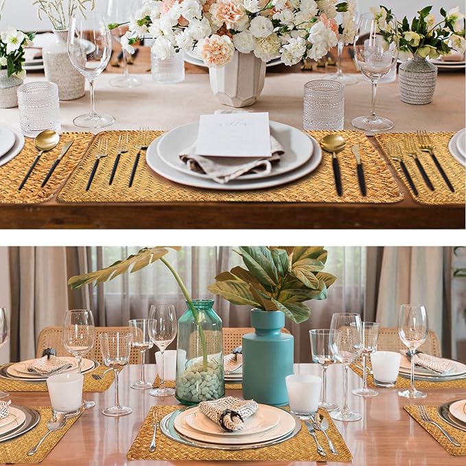 OwnMy Pack of 6 Natural Seagrass Placemats Woven Rattan Place Mat Rectangular Table Mats, 17" x 12" Sea Grass Meal Placemat Bamboo Place Mats for Dining Table Home Kitchen Picnic Table, Caramel Color