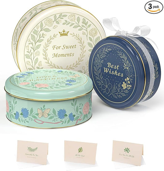 Floral Cookie Tins with Lids – Set of 3 Round Metal Storage Containers, Elegant Reusable Gift Boxes for Cookies, Treats & Keepsakes – Decorative Nesting Tin Set for Home & Kitchen