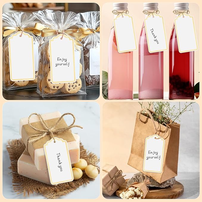 120 PCS Gift Tags with String Gold Foil Metallic Gift Tags Writable Blank Tag for Valentine's Day Baby Shower Birthday Wedding Presents Labeling DIY Craft Project 3.5''×2''