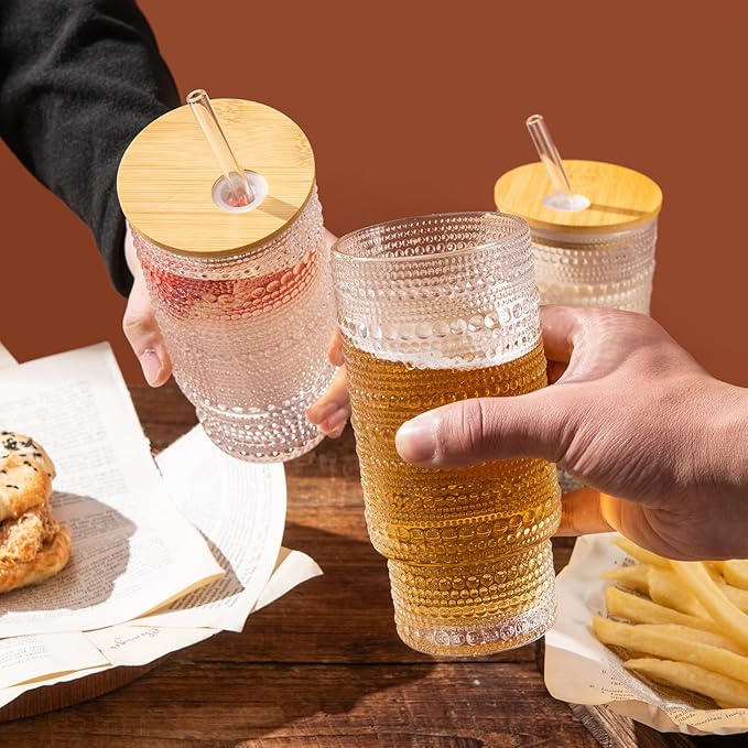 Drinking Glasses with Bamboo Lids and Glass Straw 4pcs Set,16oz Glass Tumbler Cups,Water Glasses,Iced Coffee Glasses,iced Tea Glasses,Beer Glasses,Ideal for Whiskey,2 Brushes