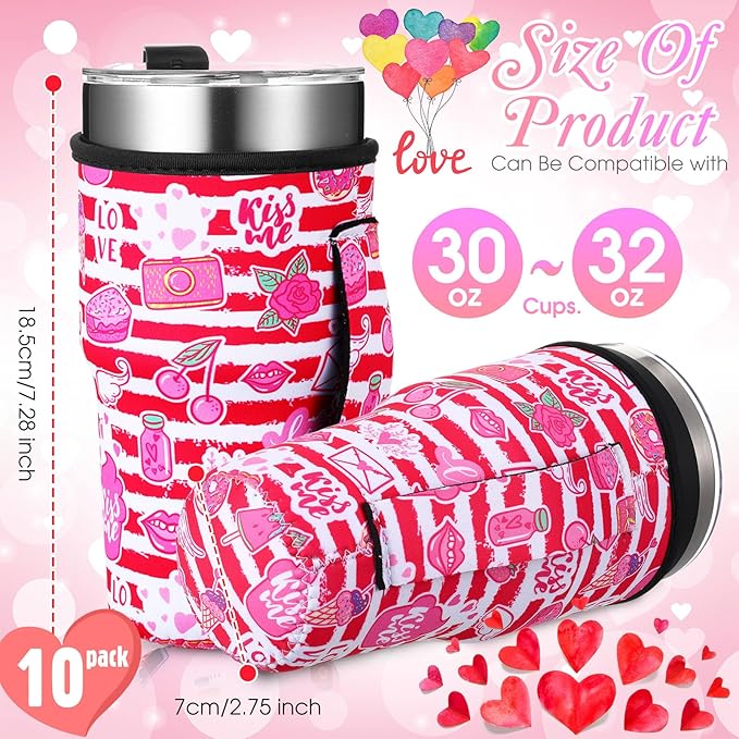 Layhit 10 Pcs Valentine Theme Coffee Cup Sleeves Reusable Neoprene Cup Sleeve with Handle for Galentines Valentine's Day Anniversary Wedding Gifts for 30 oz Cold Hot Drinks Beverages Tumbler