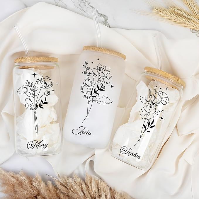 Personalized 16oz Glass Coffee Cup with Bamboo Lid & Reusable Straw – Custom Name Clear or Frosted Glass Tumbler, Spill-Proof Iced Coffee Cup, Gifts for Women & Men