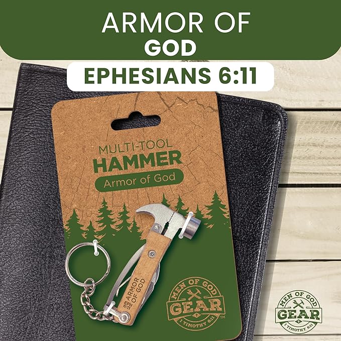 5-in-1 Hammer Keychain Multi-Tool - Laser-Engraved Armor of God, Eph 6:11 Scripture - Multitool Keychain Pliers with Opener, Nail Pry & More - Christian Pocket Tools For Men