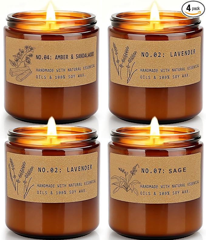 Christmas Candle Gifts for Women – Large 36 oz Scented Candle Gift Set, Natural Soy Wax Amber Jar Candles with Lavender & Sage, 4-Pack Aromatherapy Set