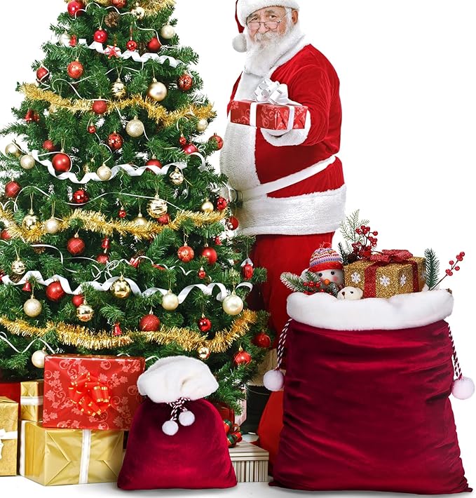 Shappy 2 Pieces Christmas Velvet Santa Bags with Drawstring in 2 Size Large Christmas Bags Santa Gift Sack for Xmas Playing Present Toy(Burgundy)