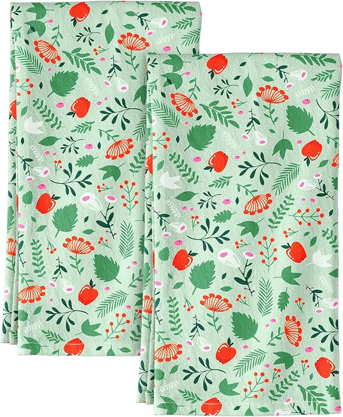 Flour Sack Kitchen Towels Set of 2-18x26 Cotton Dish Towels with Hanging Loop Reusable Tea Towel for Cleaning Spring Absorbent Dishcloths Cute Home Decor Housewarming, Green Leaf Fruit