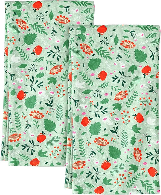 Flour Sack Kitchen Towels Set of 2-18x26 Cotton Dish Towels with Hanging Loop Reusable Tea Towel for Cleaning Spring Absorbent Dishcloths Cute Home Decor Housewarming, Green Leaf Fruit
