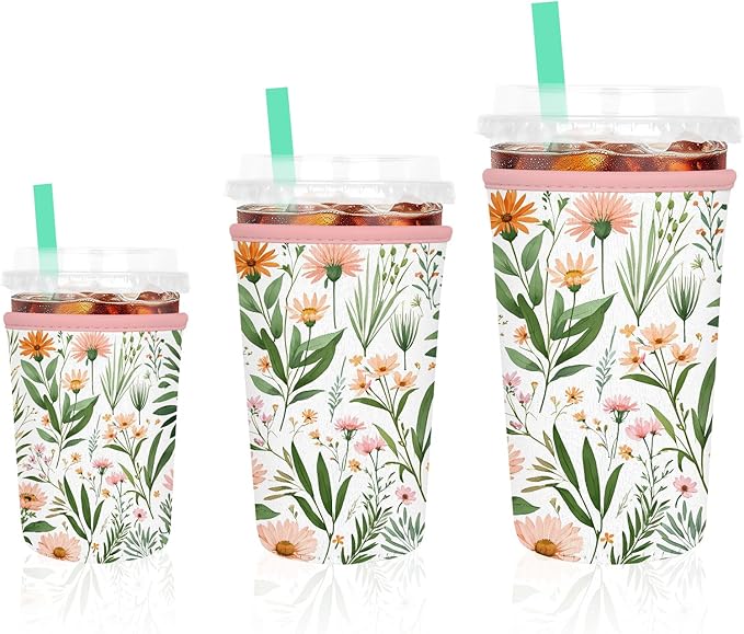 3 Pack Iced Coffee Sleeve, Reusable Insulated Neoprene Cup Sleeve for Cold & Hot Drinks Beverages, Cup Holder for 16-32oz Coffee Cups,Colorful Small Flowers