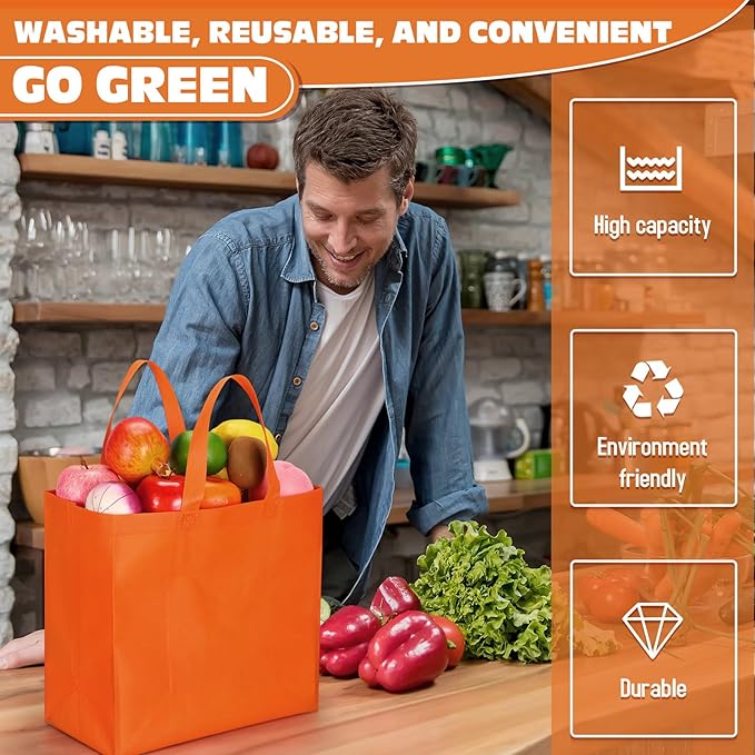 Windyun Reusable Grocery Bags Large Non Woven Shopping Bags with Handles Foldable Portable Tote Bulk, 12.6 x 11.8 x 6.3 Inch