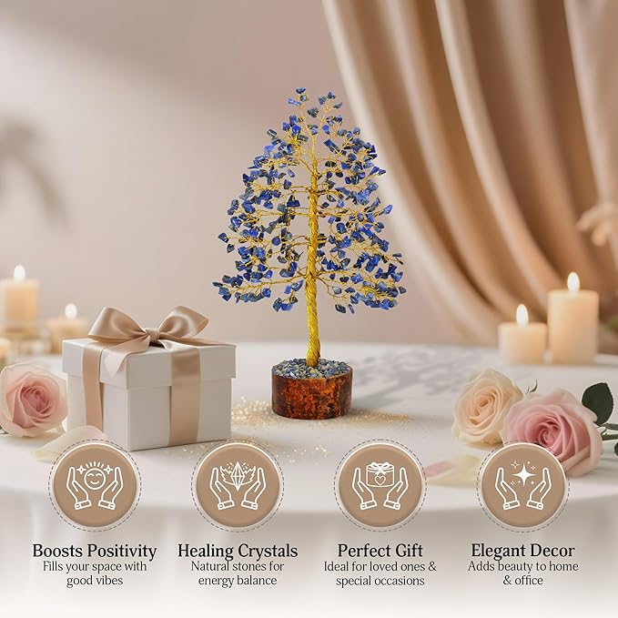 FASHIONZAADI Lapis Lazuli Crystal Tree - Blue Crystal Spiritual Gifts - Meditation Decor - Good Luck Fortune Tree - Feng Shui - Natural Gemstone - Prosperity Stones