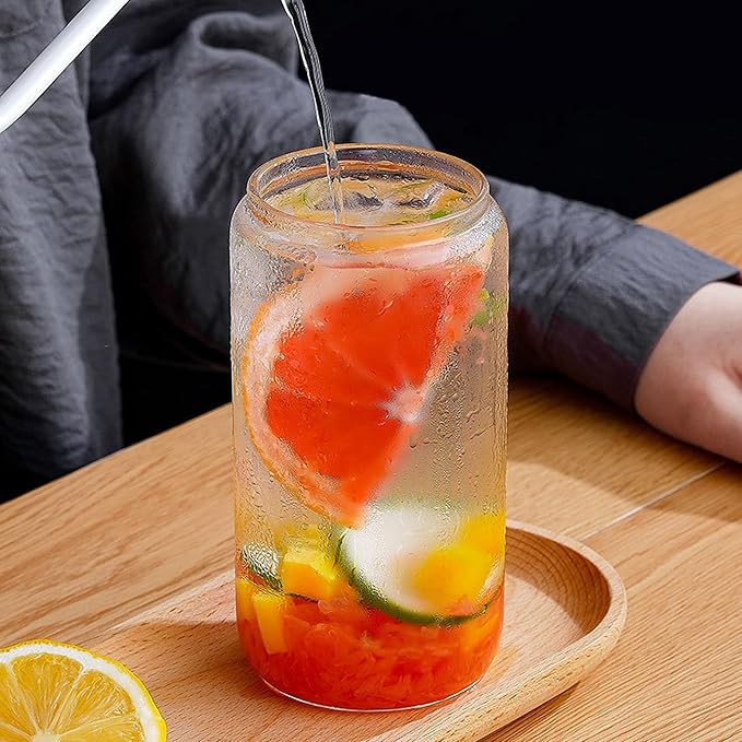AGH 16OZ Sublimation Glass Cups with Bamboo Lids and Straws,12 Pack Drinking Glasses with lids,Clear Can Shape Beer Cup for Iced Coffee, Whiskey, Soda, Milk Juice