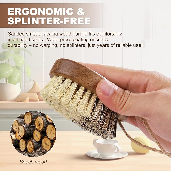 2 Pack Wooden Vegetable Brush Scrubber for Food - Dual Bristle Potato Brush Scrubber with Hanging Rope | Natural Compostable Kitchen Vegetable Scrubber for Potatoes, Carrots, Fruits