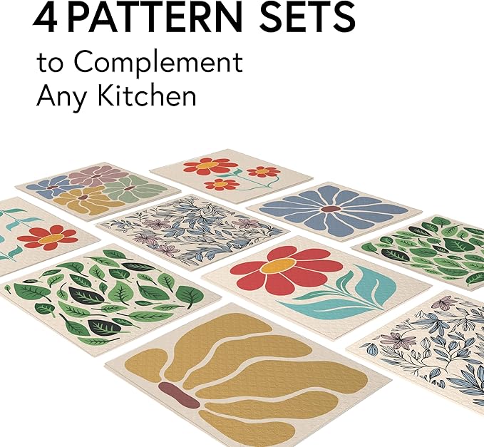 Swedish Wholesale Swedish DishCloths for Kitchen- 10 Pack Reusable Paper Towels Washable - Eco Friendly Cellulose Sponge Microfiber Dish Cloths - Kitchen Essentials - Retro Flower
