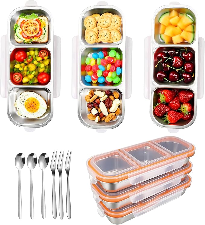 3 Pack Snack Containers with Leakproof Lids 304 Stainless Steel Bento Lunch Box Divided Food Containers for Home officer Gym Travel (3+3+3)