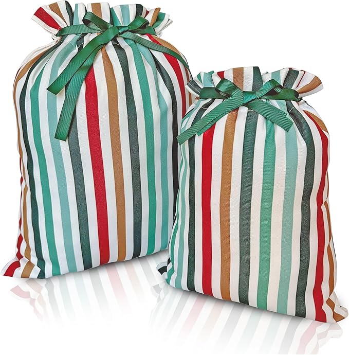 Gather & Knot Drawstring Christmas Gift Bags | 20" Large 16" Medium | Premium Canvas | Reusable Fabric Wrap for Holidays | Mix & Match | Green Stripes