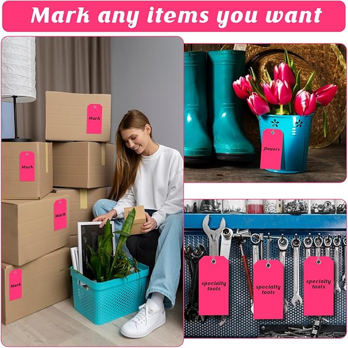 200 PCS 4 3/4" x 2 3/8" Neon Color Shipping Tags with Wire Paper Heavy Duty Hang Tags with Reinforcement Holes Writable Luggage Tag with String Durable Marking Tags (Neon Pink, 4 3/4" x 2 3/8")