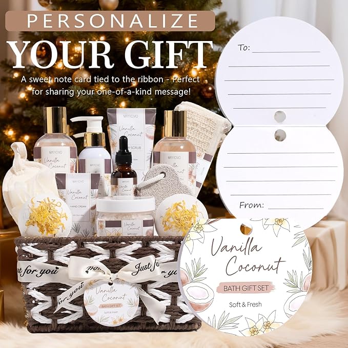 Christmas Birthday Gifts for Women, Vanilla Coconut Relaxing Spa Gift Baskets for Women Self Care Package Bath Gift Set, Home Bath and Body Kit Pampering Gifts for Womens Mom Her Friends Sister Wife