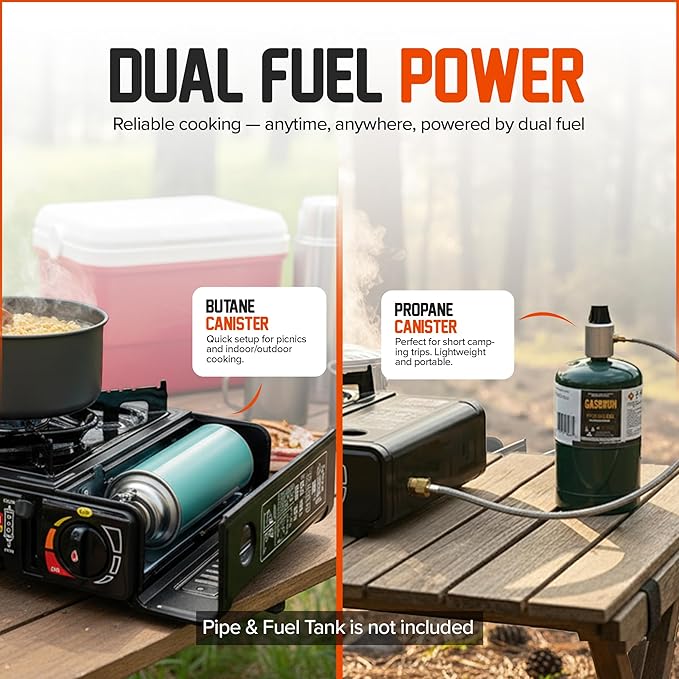 Portable Camping Stove with Plastic Suitcase 3000W Dual Fuel Compatable with Butane or Propane Fuel Tanks, Automatic Ignition, Precise Heat Control, for Camping, Hiking, and Outdoor Cookwing