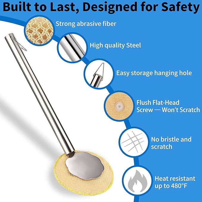 Kitchen Scrub Brush with Handle, Non-Scratch Cleaning Brush for Wok, Cast Iron, Pans, Oven Racks, Air Fryer, Mason Jars, Food Porcessors - Long Handle Model