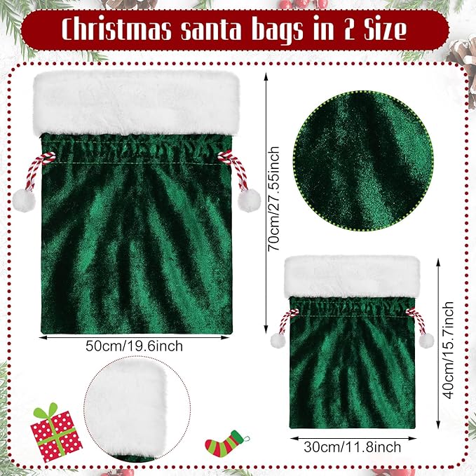 Shappy 2 Pieces Christmas Velvet Santa Bags with Drawstring in 2 Size Large Christmas Bags Santa Gift Sack for Xmas Playing Present Toy(Dark Green)