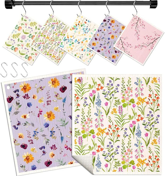 Swedish Dishcloths for Kitchen with Hooks - Reusable Dish Cloths for Washing Dishes Fast Drying Cute Fun 5 Pack Swedish Dish Towels Washable Cleaning Sponge, Elegant Flowers