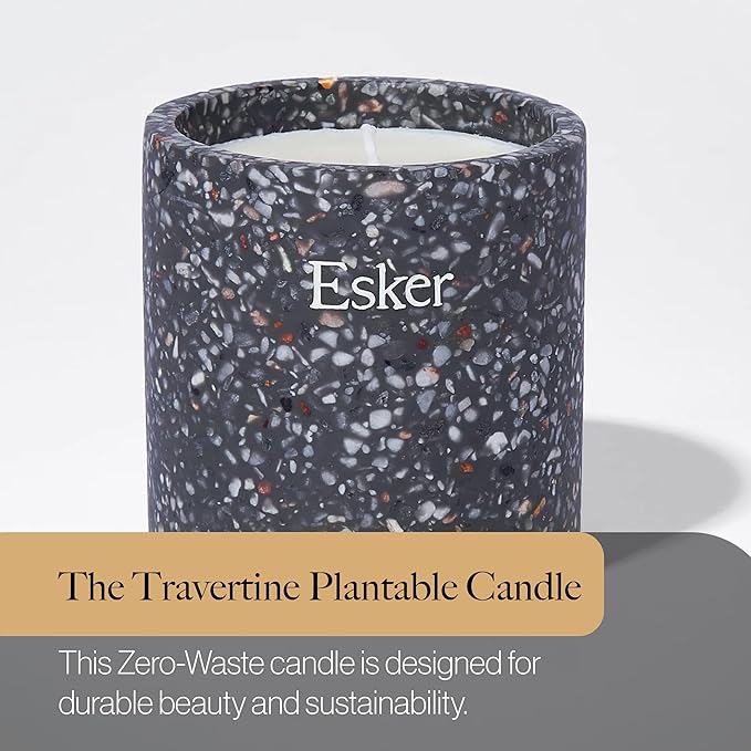 Esker Travertine Plantable Candle – Hand-Poured Soy Wax with Essential Oils, Eco-Friendly Reusable Planter, Includes Wildflower Seed Paper for Sustainable Gifting