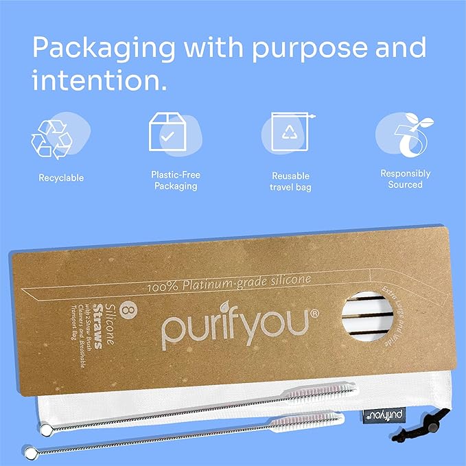 purifyou 14in Platinum Silicone Straws, Extra Long & Wide for 40oz Tumblers from Stanley, Reduce, Yeti & More, Reusable Smoothie Straws with Travel Case & 2 Cleaning Brushes (Set of 8, White)