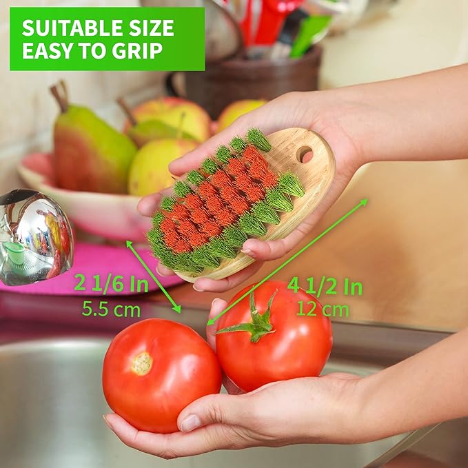 KONEX Veggie Brush - Fruit & Vegetable Produce Brush, Potato Scrubber | Food Beechwood Handle | Mushroom, Potato Scrubber Brush, Carrot or Corn Cleaner (Pack of 2)