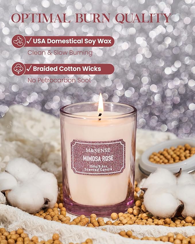 M&SENSE Rose Scented Candles, Classic Size 8.8 oz Glitter Jar Candles, Holiday Candles Gifts for Women, Strong Scented Natural Soy Candle for Winter Home Decor, 50 Hours Long Burning