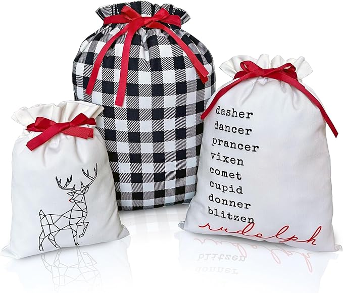 Gather & Knot Drawstring Christmas Gift Bags | 20" Large 16" Medium |Reusable Reindeer Fabric Gift Wrap for Holidays | Mix & Match Set