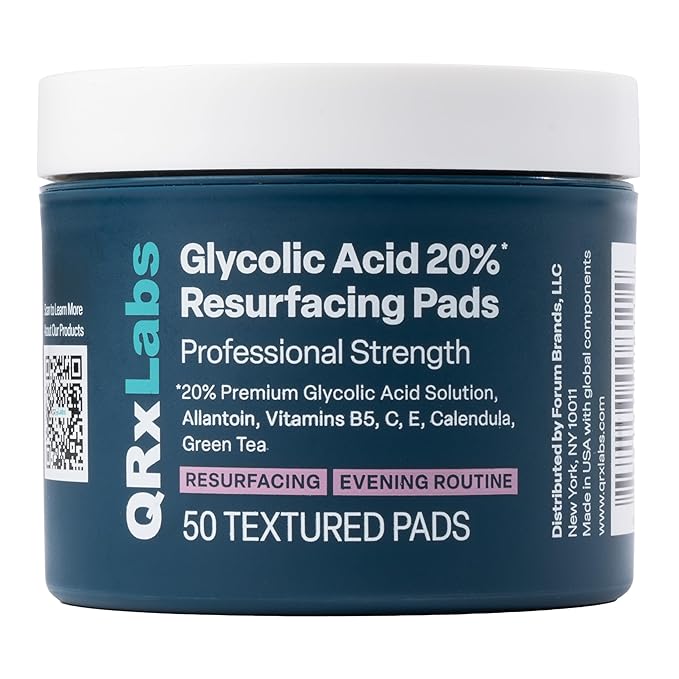 QRxLabs Glycolic Acid Pads - 20% Resurfacing Pads AHA for Face & Body - Exfoliates Skin Surface and Reduces Apperance of Fine Lines and Wrinkles - Daily Pads - 50ct