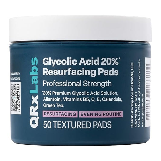 QRxLabs Glycolic Acid Pads - 20% Resurfacing Pads AHA for Face & Body - Exfoliates Skin Surface and Reduces Apperance of Fine Lines and Wrinkles - Daily Pads - 50ct