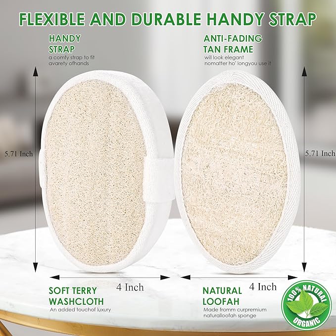 Natural Loofah Sponge Exfoliating Body Scrubber, Organic Biodegradable Eco-Friendly Bath Luffa for Shower, Gentle Deep Clean for All Skin Types, Men & Women, Thin/Thick Textures, Easy-Dry Hanging Rope