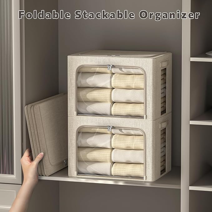 FHSQX 6 Pack Clothes Storage Bins with Metal Frame Foldable Storage Bins for Clothes Linen Fabric Storage Box with Clear Window (Beige, 19.7x15.7x13inch(66L))