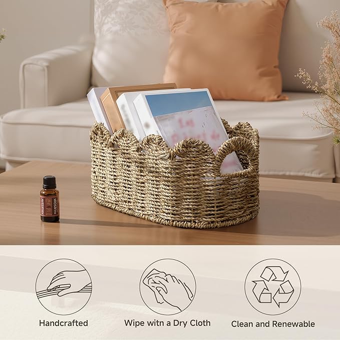 StorageWorks Scalloped Wicker Basket, Hand-woven Rattan Baskets with Built-in Handles, Cute Baby Basket for Nursery, Seagrass Baskets for Organizing and Decor, 2 Pack