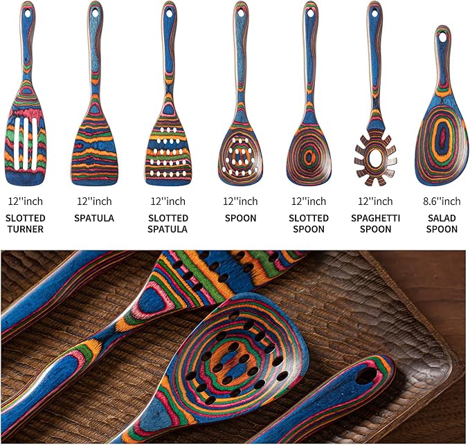 Gudamaye Pakkawood 7-Piece Blue Wooden Cooking Utensils - Wooden Spoons, Kitchen Utensil Set, Non-Stick Spoons