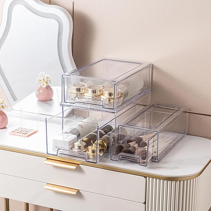 PeJeyiee 2 Pack Stackable Pull-Out Storage Drawers，Plastic Clear Organizer Bins with Handles，Easily Clean for Craft, and Toy Organization，Kitchen Undersink，Cabinet，Fridge，Closet，Pantry，Office，Bathroom