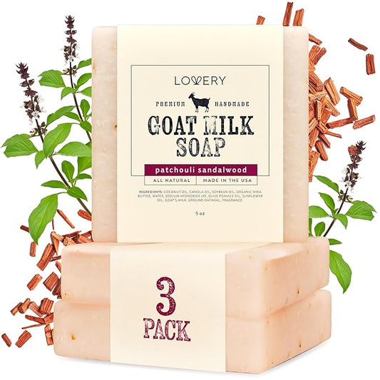 LOVERY Christmas Gifs for Men Who Has Everything, Goat Milk Soap Made in USA with Organic Shea Butter - Patchouli Sandalwood Scent - Goats Milk Soap Bar