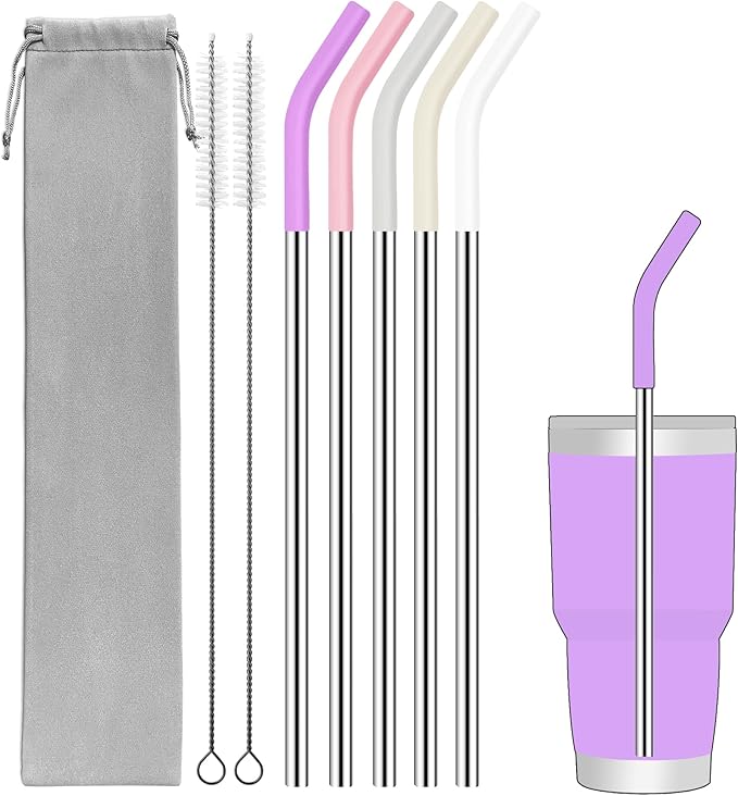Set of 5 Stainless Steel Straws for 30 Oz Tumbler,For Stanley 30 Oz Tumbler, Reusable Metal Straw with 10 Silicone Tips and 2 Straw Cleaning Brush （5 colours 2, 30oz）