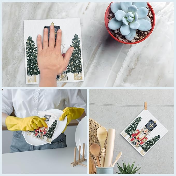 Swedish Dishcloths for Kitchen, Christmas Xmas Nutcracker Winter Kitchen Dish Towels for Washing Dishes, 4 Pack Reusable Paper Towels, Sponge Cloths for Holiday Baking Cooking Home Cleaning