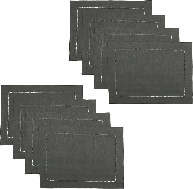 D'Moksha Homes Linen Placemats Set of 8 - Classic Hemstitch Charcoal Grey Placemats 14 x 19 Inch - 100% Pure Linen Table Mats for Christmas, Holiday - Handcrafted and Machine Washable