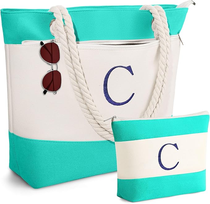YOOLIFE Christmas Gifts for Women - Personalized Initial Canvas Beach Bags for Women Gifts for Mom Teacher Friend Birthday