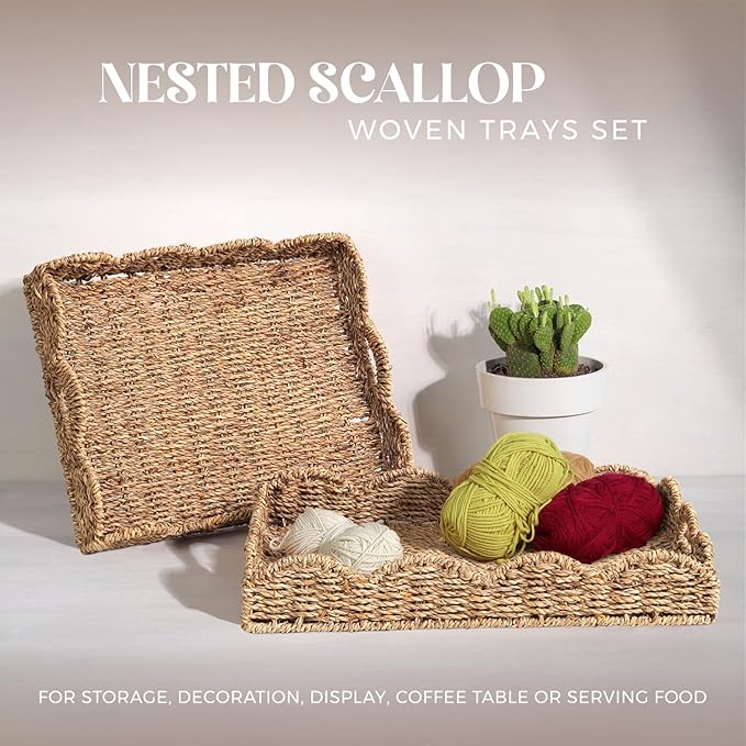 2Pcs - Scalloped Basket, Decorative Basket, Seagrass Tray (17 x 13 x 3 inch - 2Pcs) with Scalloped Edge and Built-in Handles, Rectangle Serving/Rattan/Wicker/Woven/Basket Tray