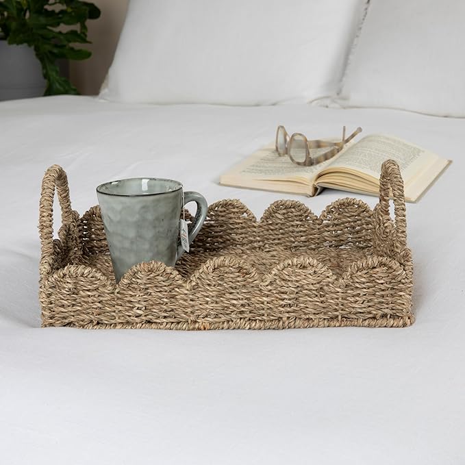 Household Essentials Seagrass Tray with Scalloped Edge, Natural
